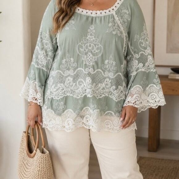 Democracy Tops - Democracy Sage Green Embroidered Lace Cold Shoulder Boho Blouse Plus Size 1X